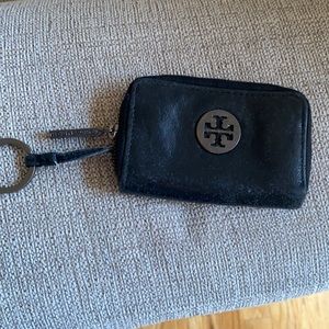 Distress leather Tory Burch change wallet has key ring attached